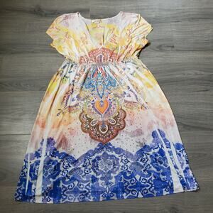 Y2K Fairy Witch Dress Women XL Multicolor Boho Midi Paisley Print Rhinestone TDV